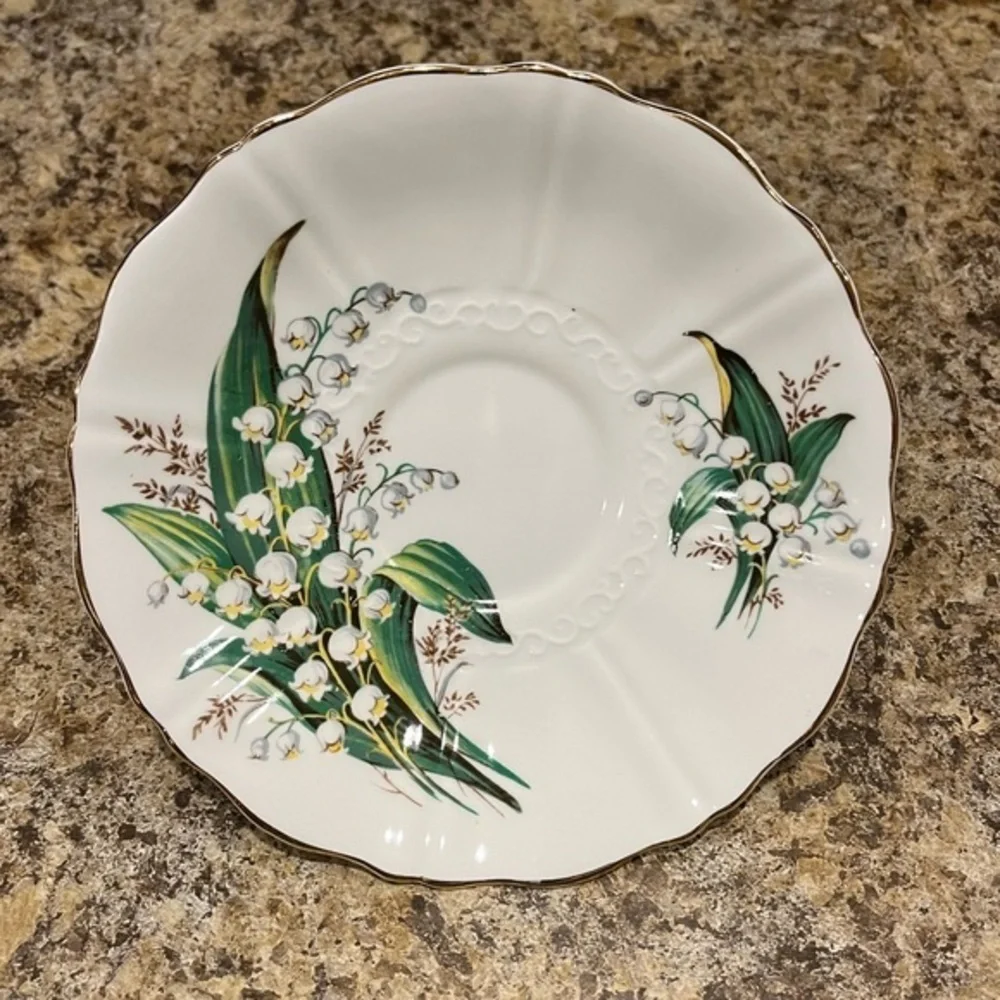 Vintage Old Royal Lily of the Valley Floral Bone China Saucer Gold Trim England